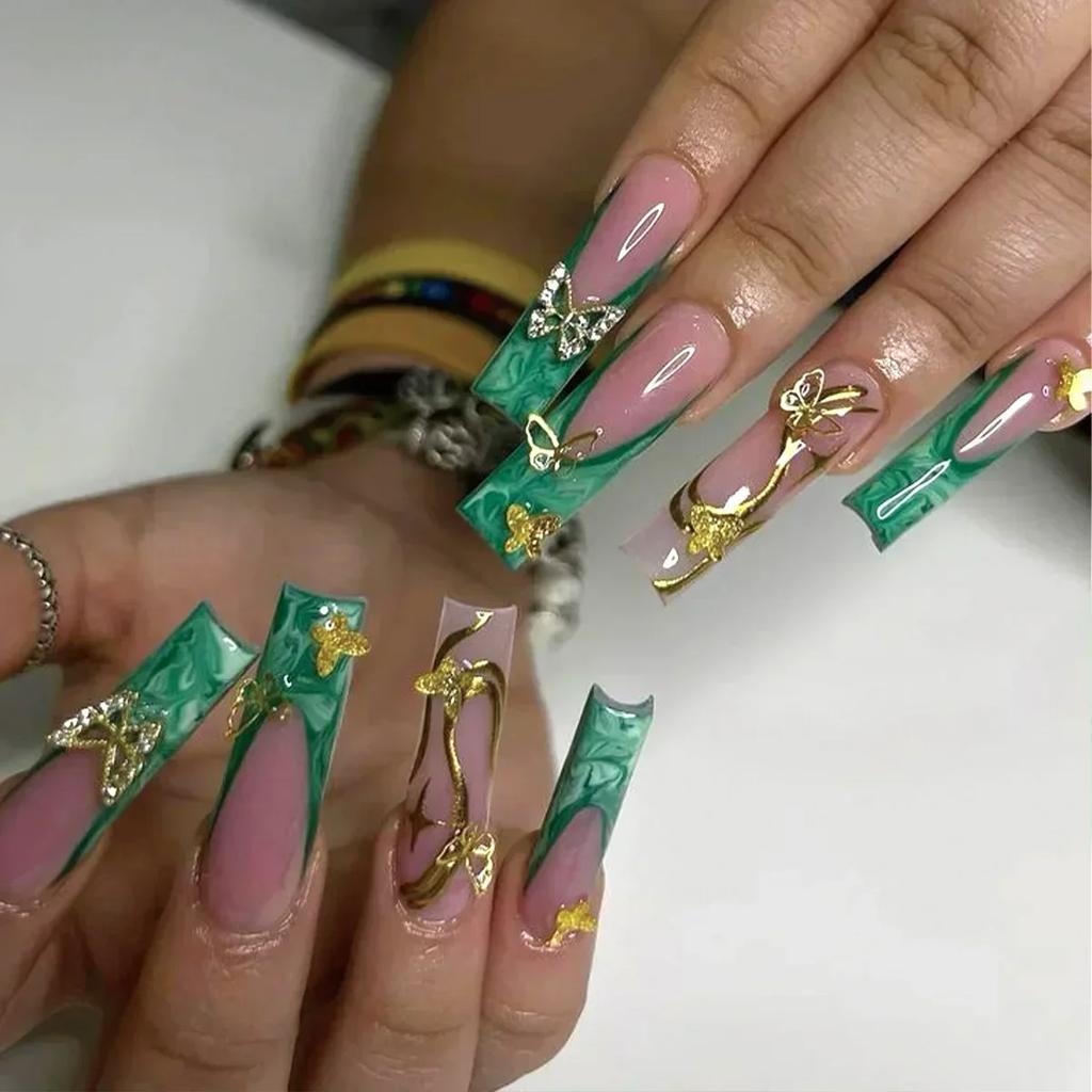 24Pcs Green French Fake Nails With Diamond Gold Butterfly Elegant Long Square Acrylic Artificial Press On Nails