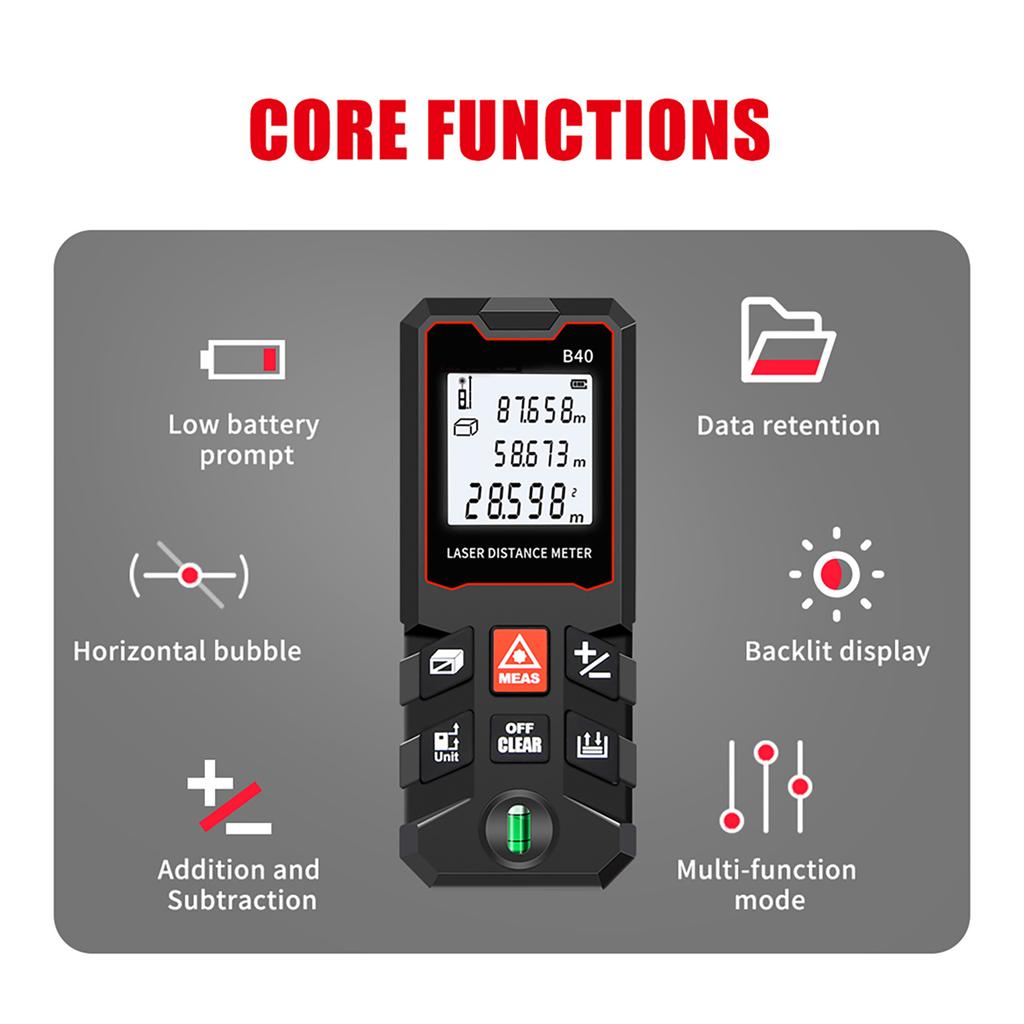 40m Msure LCD Digital Distance Meter with Bubble Range Finder Distance/ Ar/ Volume/ Pythagorn Msuring Tool Unit ing