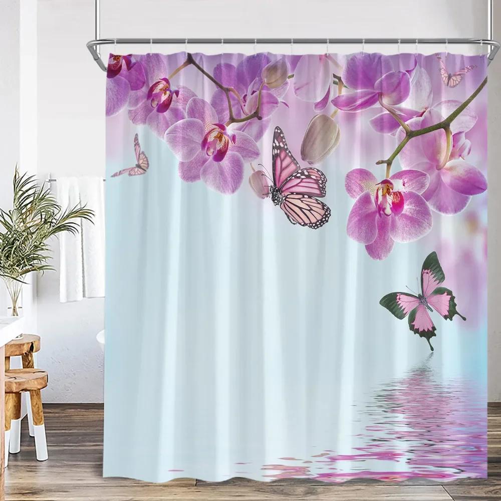 

Flower Butterfly Shower Curtain Pink Purple Flowering Plant Art Bathroom Decorations Shower Curtain With Hook W60H190(CM)-1 Pcs