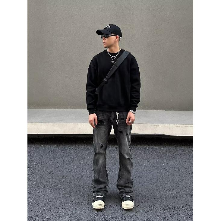 High Street Jeanshose für Männer, Retro Distressed, Lockere Hose mit geradem Bein, Sporthose mit weitem Bein, trendy