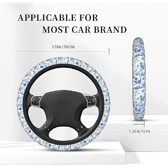 Blue Floral Steering Wheel Cover For Women & Men – Universal 15 Inch Car Accessories, Non-Slip & Stylish Design, Fits Most Cars, SUVs, And Auto