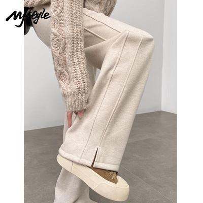 MJ STYLE Damen Hose mit Plüschfutter Fischgrätmuster Weites Bein