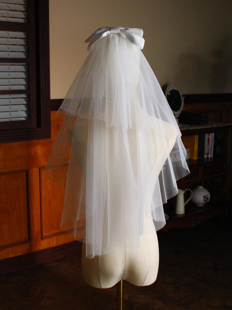 Vintage Fairy Bow Bridal Veil - Mori Style White Double Layer Wedding Accessory