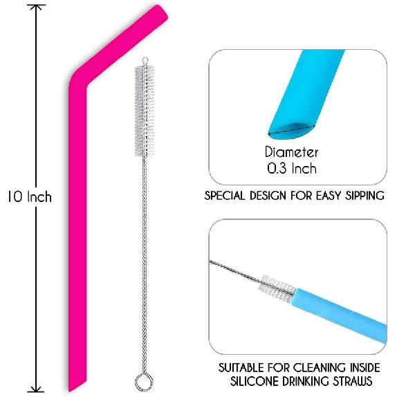 Hiware Reble Silicone Straws, Long Flexible Silicone Drinking Straws with Cleaning Brushes for 30 oz Tumblers - 10 Pieces - BPA-Free - No Rubber