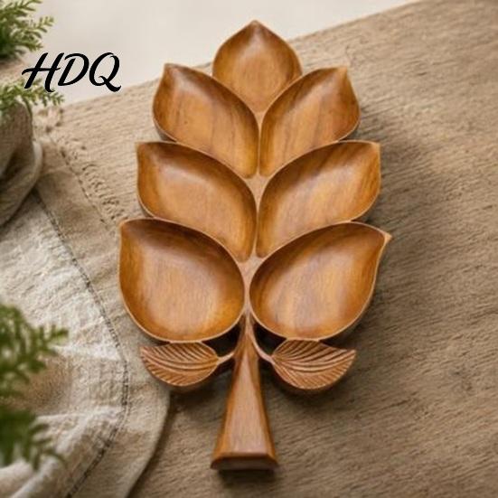 Natural Grain Wood Serving Piece Wooden Leaf Tray 7 Compartment Snack Platter Dry Fruit & Nuts Rustic Farmhouse Home Decor Dish Decorative