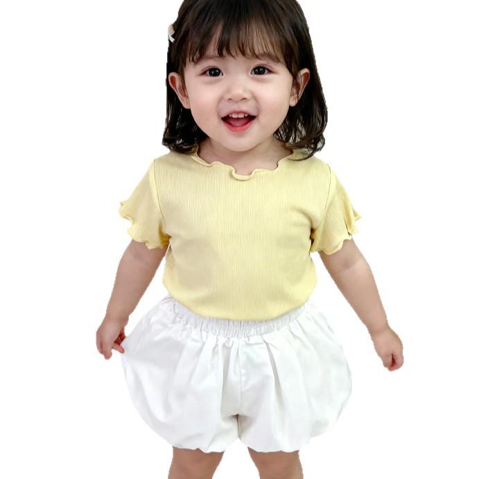 HD Korean Style Girls' Summer Striped Ruffle Trim Toddler Top - Sweet Candy Color Short Sleeve T-Shirt