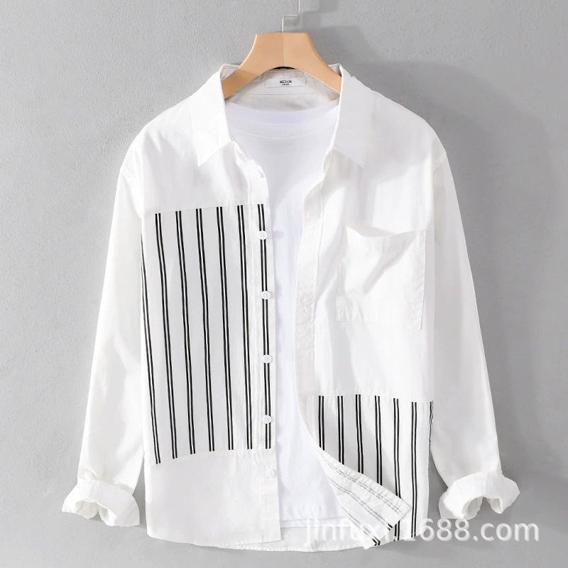 

Мужская полосатая рубашка с длинным рукавом - Свежий цветовой блок, Универсальный повседневный стиль для весны и осени (9630) 3XL белый