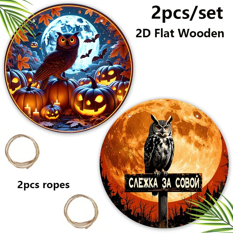 2pcs Russian Wooden Halloween Sign with Owls Pattern - Unique Decorative Plaque & Sign - Ideal for Wall, Front Door Decor