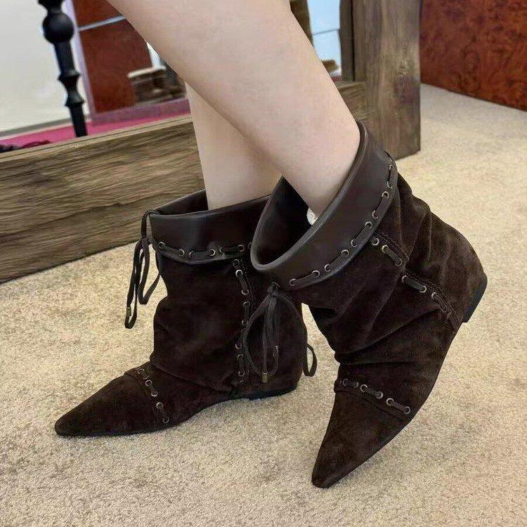 Niche Retro Inner Heightening Pile Boots Women's Short Boots Summer 2025 New Pleated Western Cowboy Boots