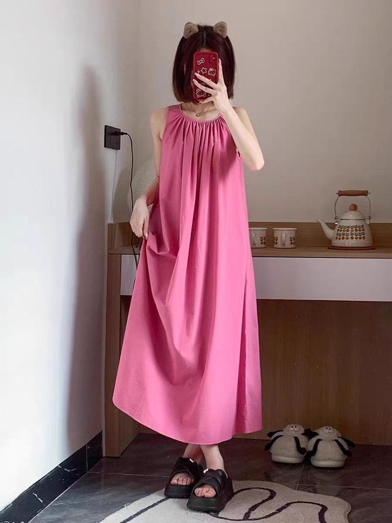 Sweet girl lazy wind suspender dress women's summer new simple temperament berry pink loose vest skirt