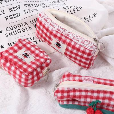 Sweet Plaid Storage Bag Cute Stationery Storage Pouch Kawaii Travel Toiletry Pockets  Children