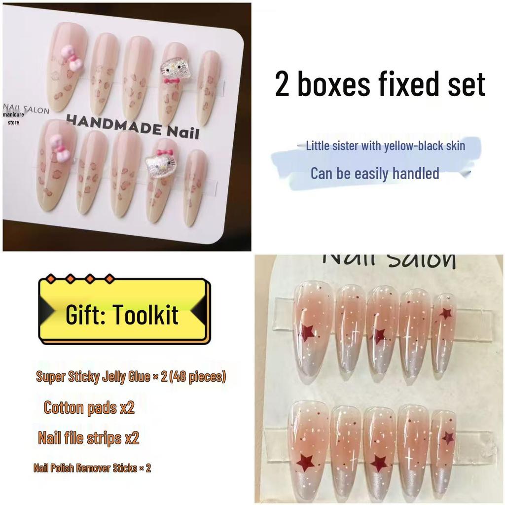 Popular Handmade Heart Bow Pearl Chain Nail Art Tips - Set of 30 Wearable Fake Nails