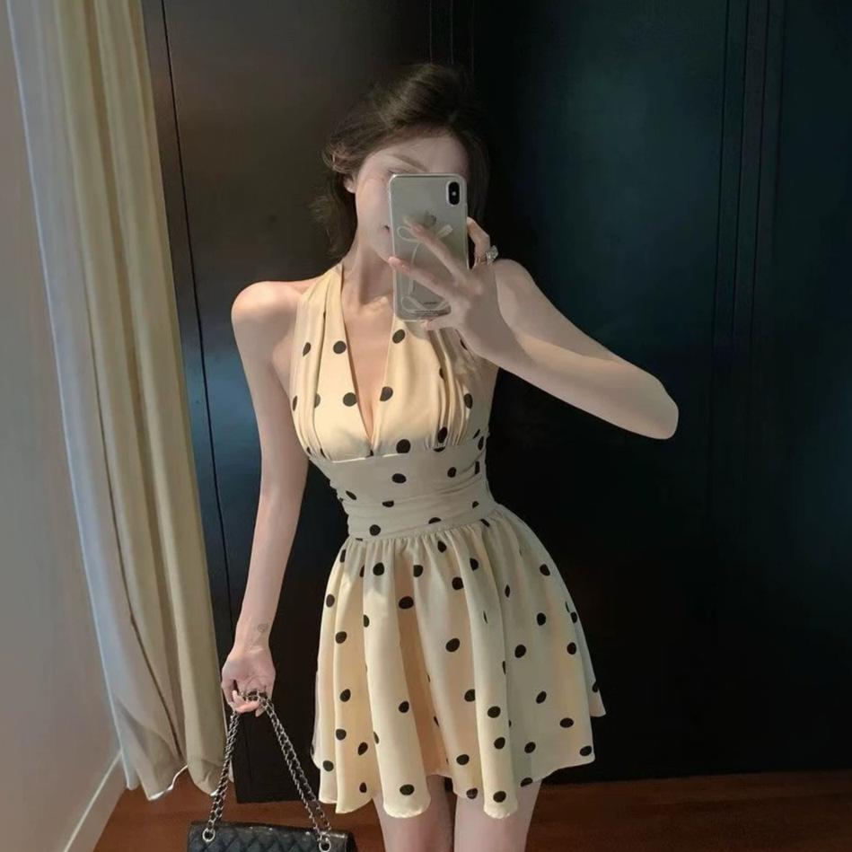 French Retro Style Polka Dot V-neck Bow Neck Dress Women's Summer New Temperament Waist Backless A-word Short Skirt