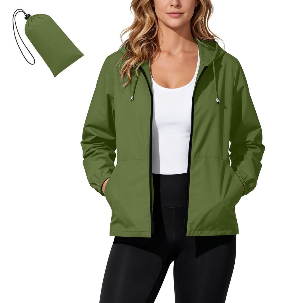 Women's Waterproof Windproof Hooded Jacket Lightweight Packable Outdoor Raincoat with Zipper Pockets and Adjustable Drawstring Hood
