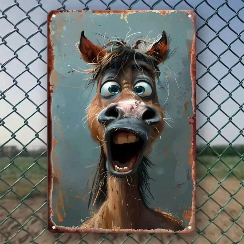Vintage Metal Sign Funny Horse Face Wall Decor Waterproof Easy Mount Indoor Outdoor