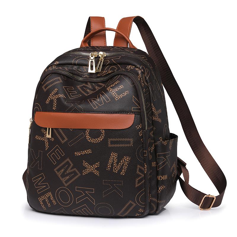 Leather Women Letter Printed Backpack Student Schoolbag Large Capacity Travel Bags