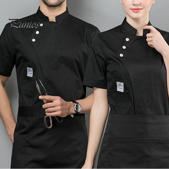 Solid Color Chef Top Slanted Collar Button Short Sleeve Pocket Hotel Workwear Professional Stand Cardigan Catering Uniform Kitchen Clothes Waiter