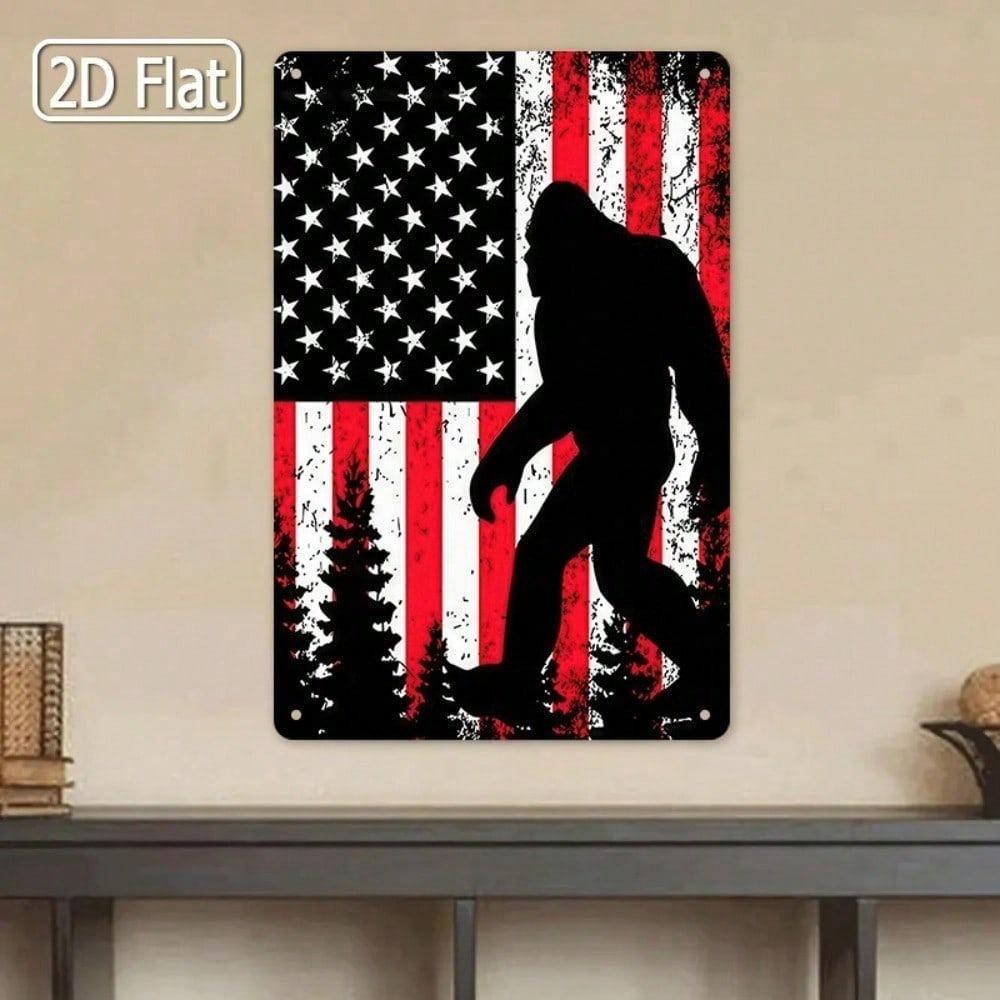 Bigfoot Metal Tin Sign American Flag Rustic Wall Decor Man Cave Gift