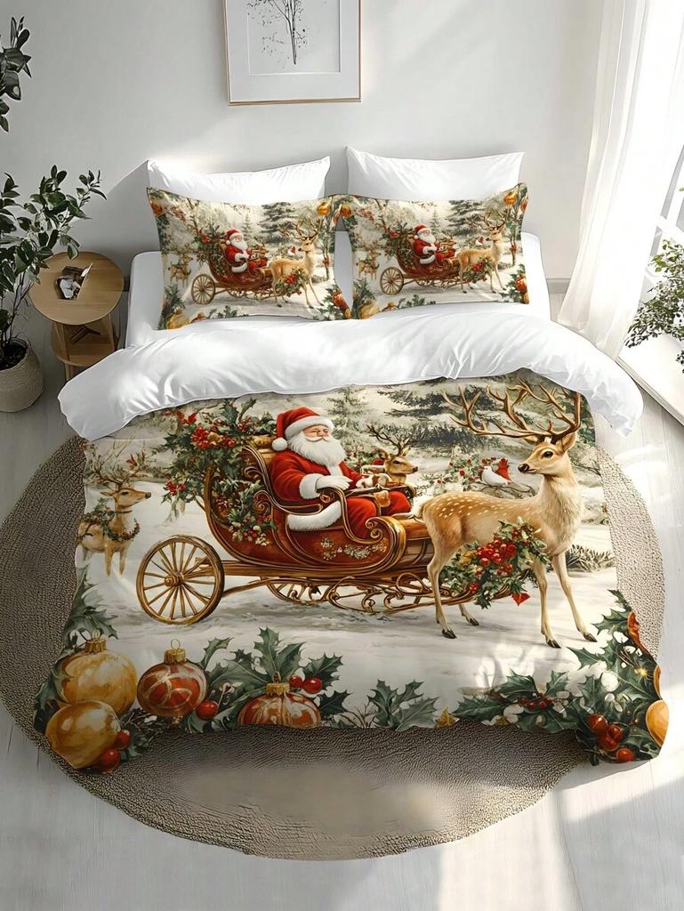 2/3pcs Christmas Tree, Gift Box, Snowflake, Deer, Santa Clause Digital Printing Brushed Duvet Cover Set, Soft & Comfortable