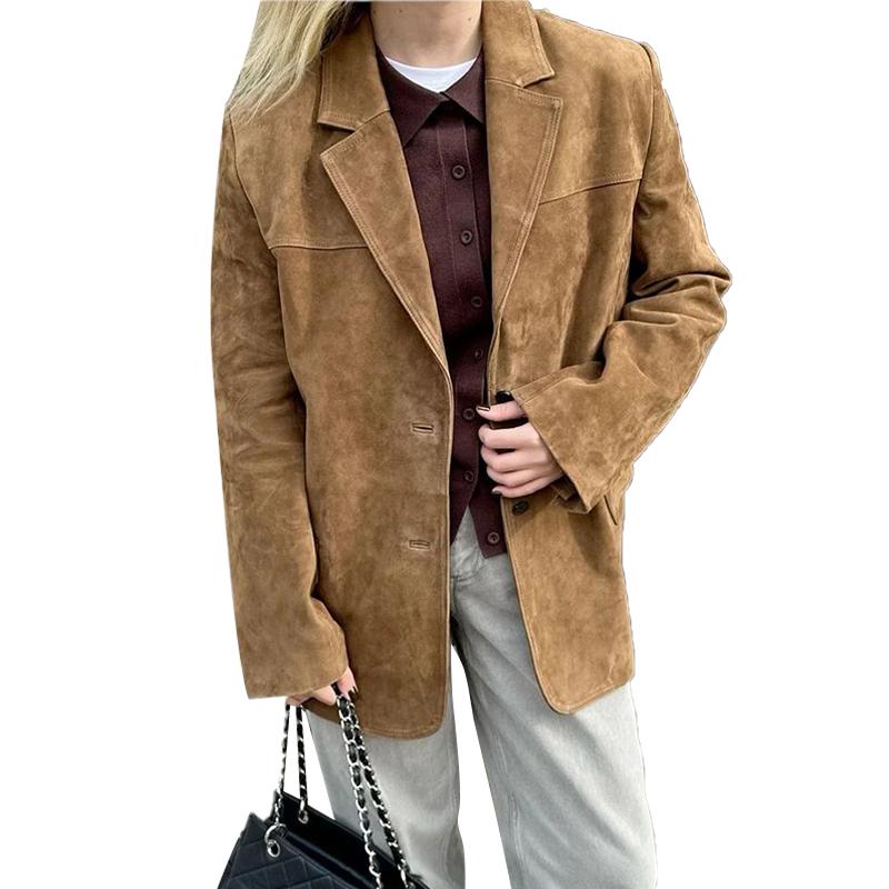 Dámská semišová bunda s klopovým límcem, jednoradové zapínání, khaki, s dlouhým rukávem, sako, módní na dojíždění, větruodolná, teplá bunda, podzim 2025