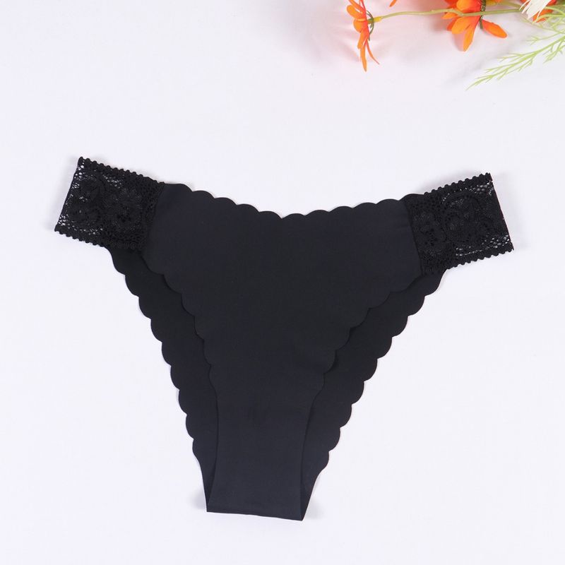 European and American Sexy Lace Plus Size Thong Seamless Wavy Edge Hollow-out Comfortable Ultra-Thin Women Ice Silk Mid-Waist Underwear