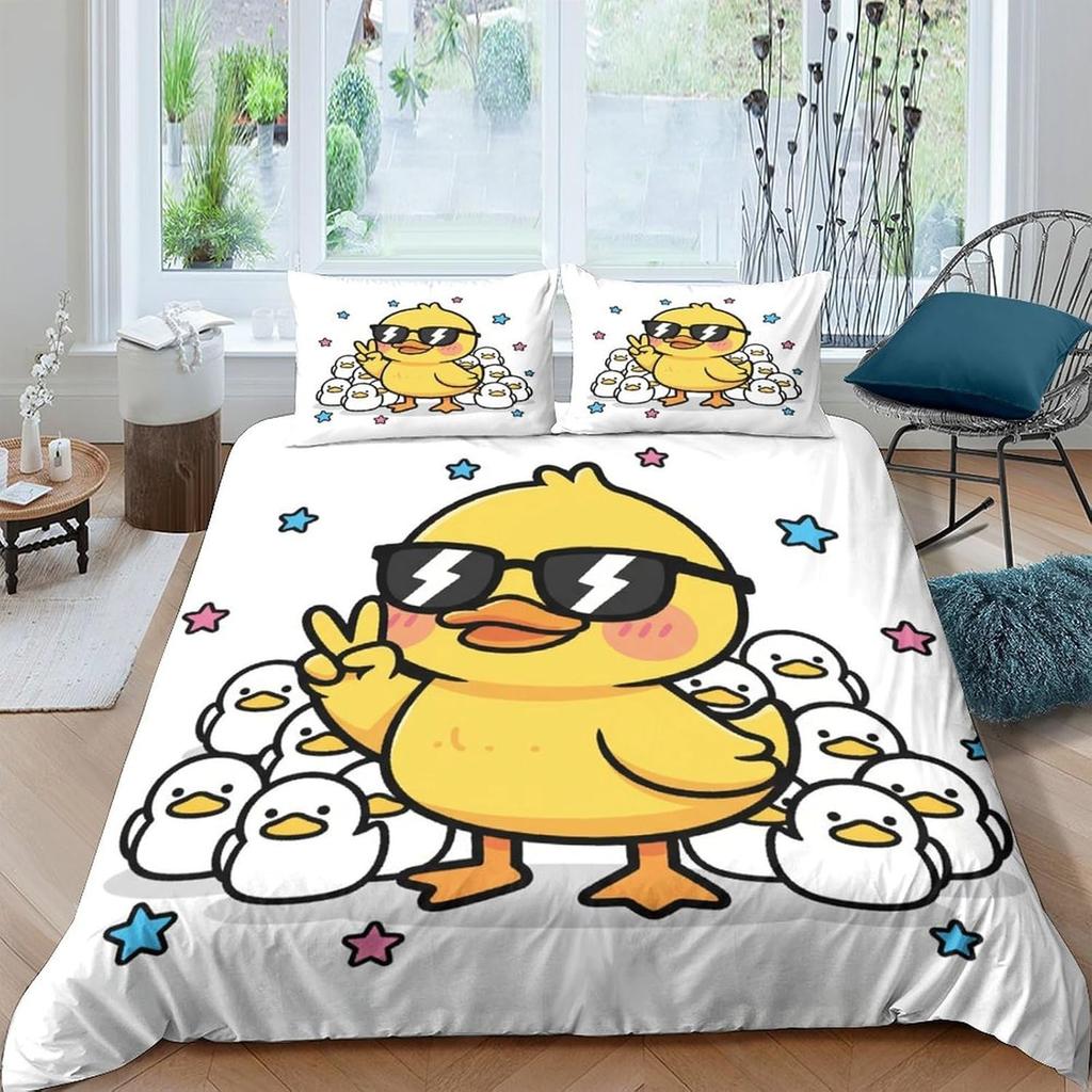 Duck Cartoon 3D Printed Duvet Cove, Microfiber Easy Care Bedroom Decor Funny Animal Illustration Comforter Cover And Pillowcase