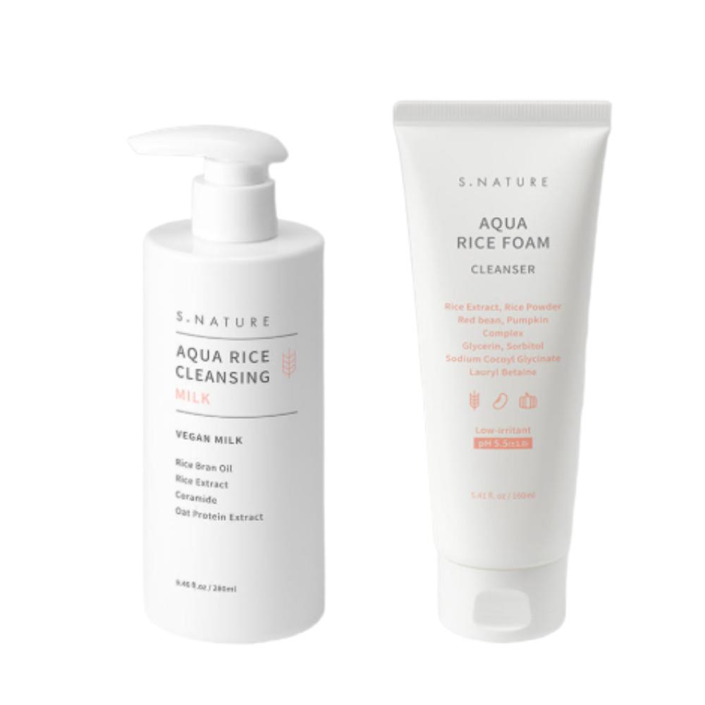 S-NATURE Aqua Rice Cleansing Milk 280ml + Low-pH Cleansing Foam 160ml Special Set - Ultimate Double Cleansing & Brightening Duo