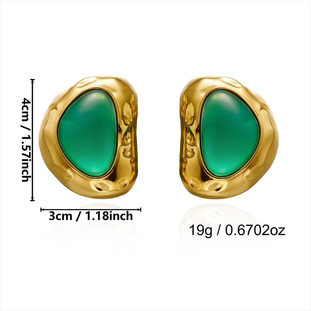 Vintage Stainless Steel Green Resin Irregular Stud Earrings For Women Men Minimalist Textured Geometric Earring Elegant Jewelry