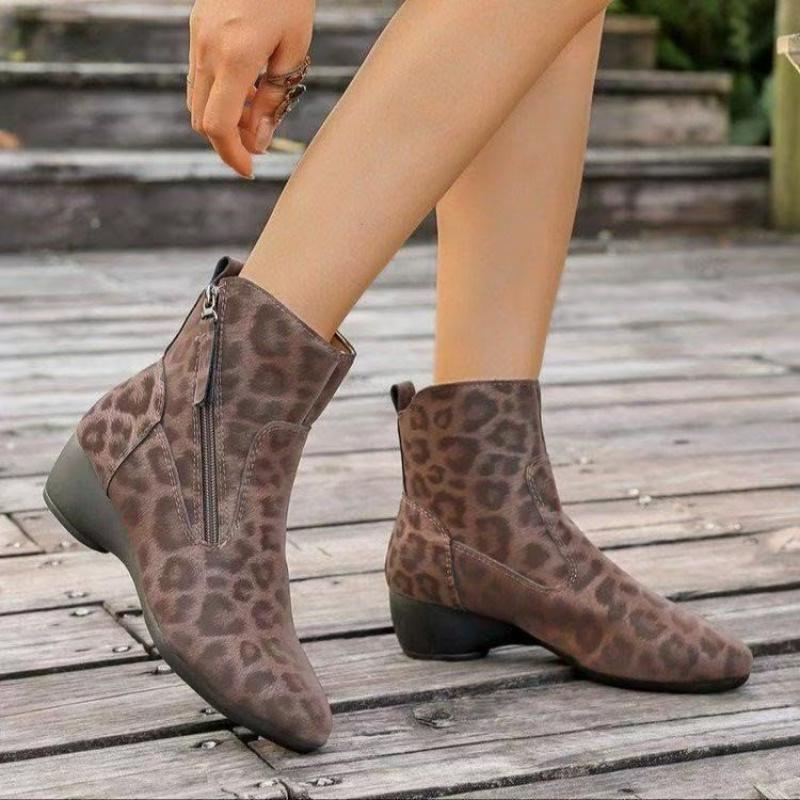 Autumn/Winter Pointed-Toe Wedge Soft Leather Retro Leopard Print Women'S Boots, Side Zipper Design With Chunky Heel, Fashionable