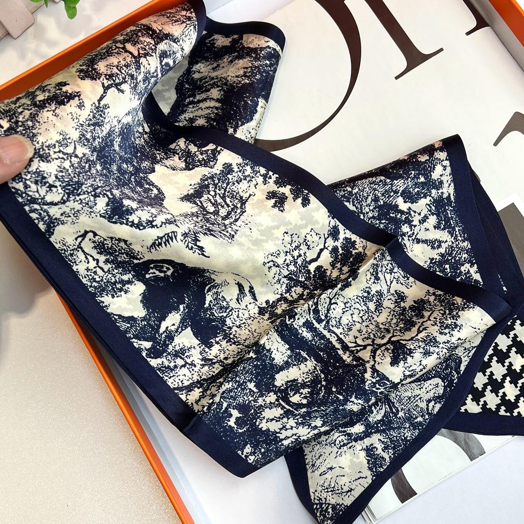 Silk Streamer 100% Mulberry Silk Texture Rhombus Pattern Double-Sided Versatile Retro Decorative Scarf Long Silk Scarf