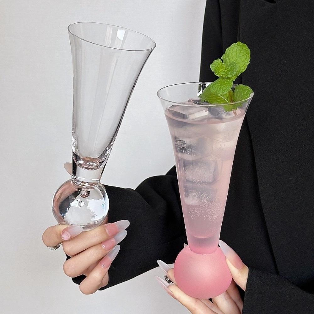 Fashion Transparent Glass Drink Cup Horn-shaped Ball Shape Bottom Glass Milkshake Cup INS Style Goblet Juice
