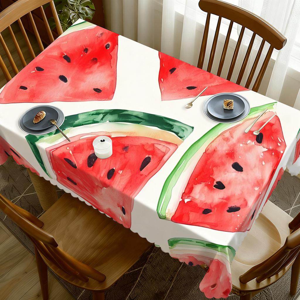 1pc Summer Watercolor Watermelon Print Tablecloth, Durable Polyester Tablecloth, Watercolor-Style Watermelon Pattern, Vibrant Summer Home Decor, Recta