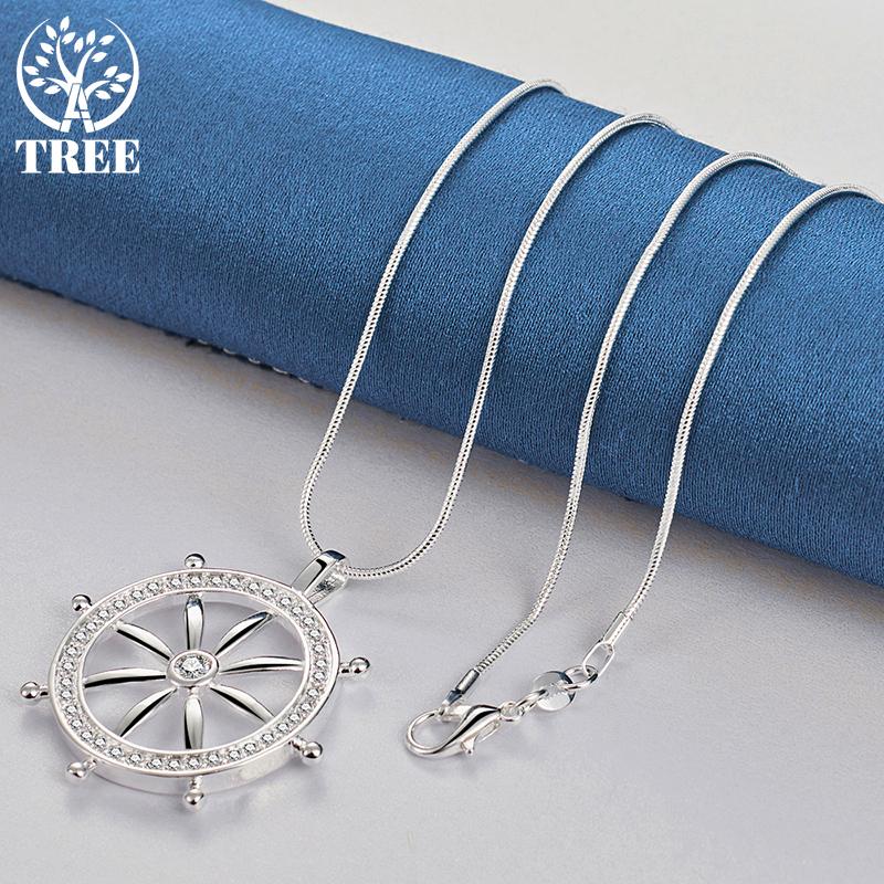 925 Sterling Silver AAA Zircon Round Pendant Necklace Jewelry