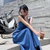 ZQ Ziqing Blue Mist Strappy Denim Summer Dress - Women's Elegant, Waist-Cinching, Niche Design.
