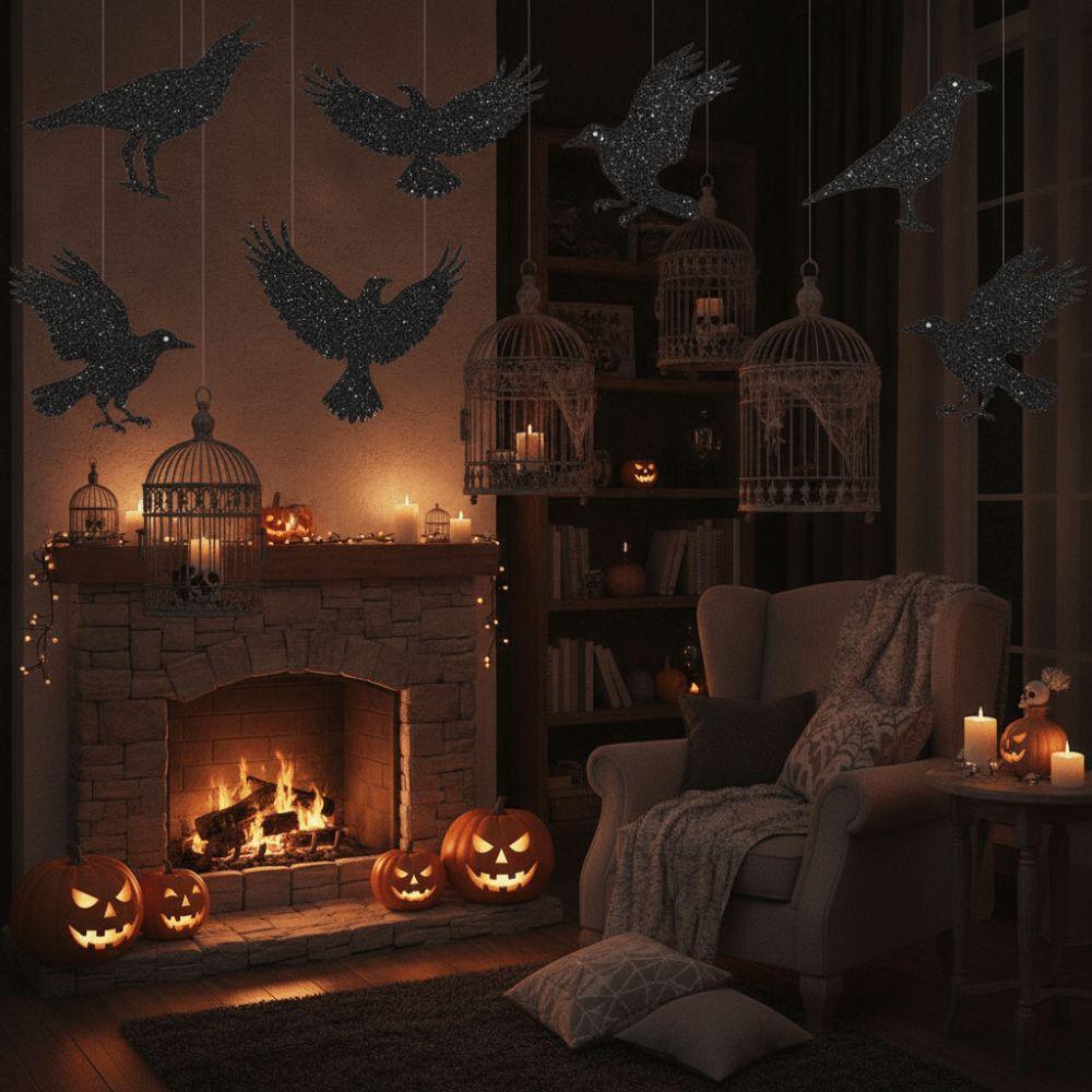 12pcs Thick Paper Black Crow Hanging Decor Dark Glittery Paper Birdcage Pendant Bar Club