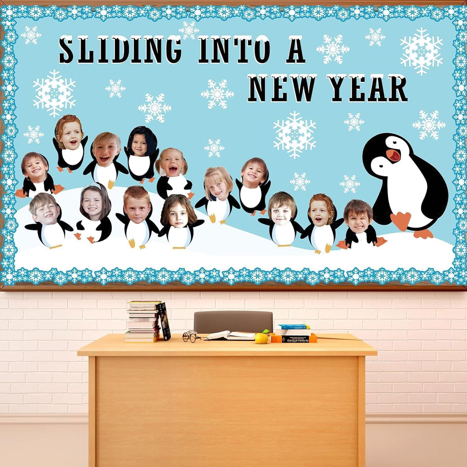 70PCS Winter Penguin Snowflakes Cutouts Kit DIY Photo Sliding INTO A New Year Bulletin Board Set for School Holidays Classroom Decor
