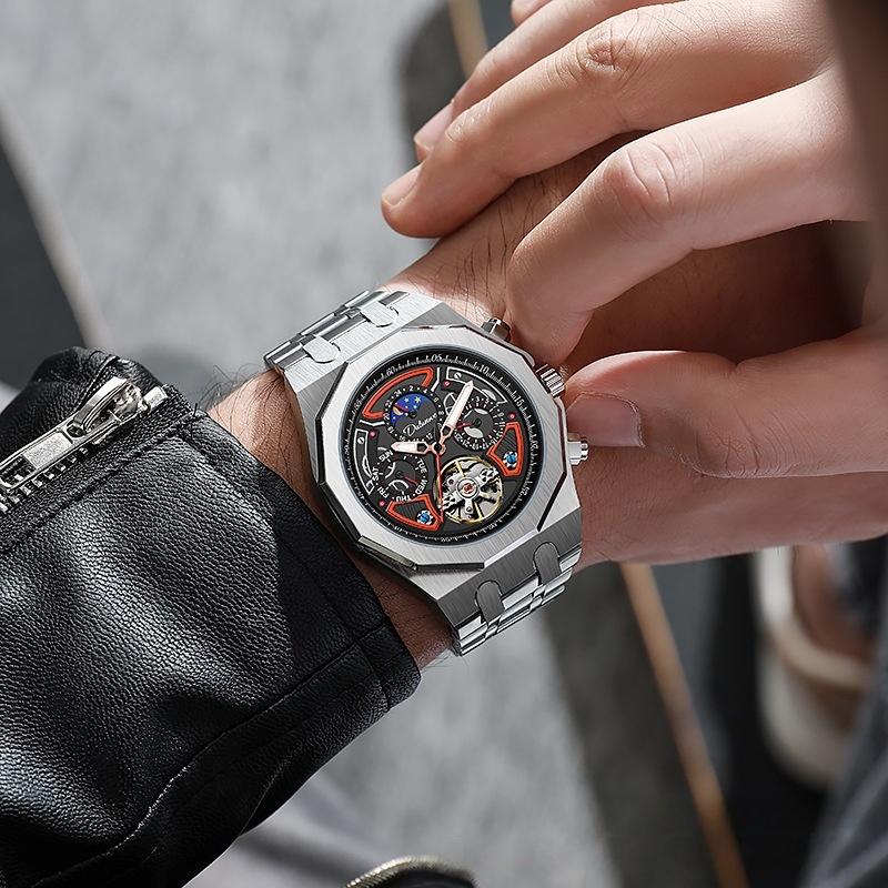 Automatic Men's Mechanical Watch for Sports 30M Water Resistant Stainless Steel Band Moon Phase Fluorescent Pointer Dial