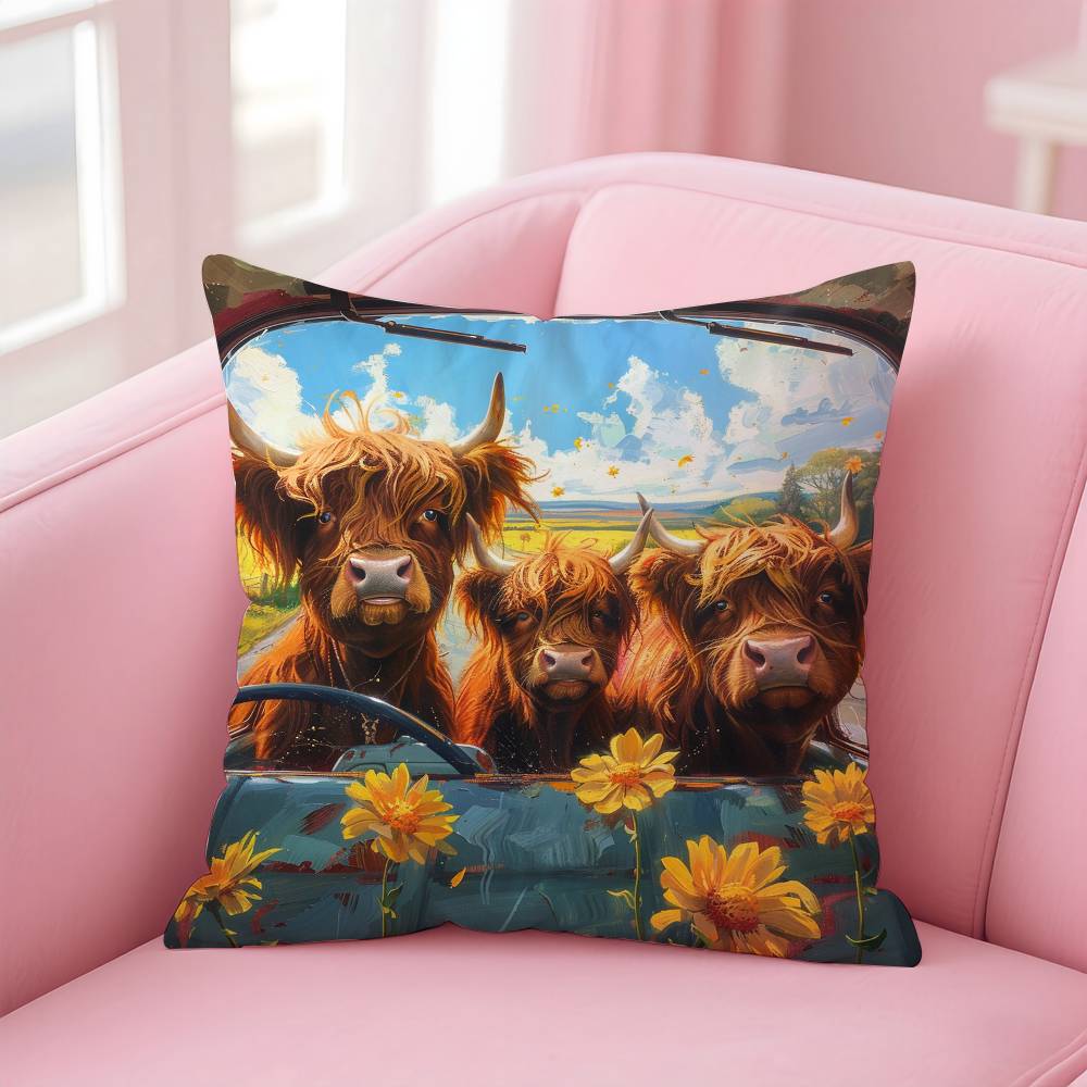 Vibrant Highland Cow Pattern Pillow Case pattern printing pillowcase living room sofa cushion cover bedroom room decor