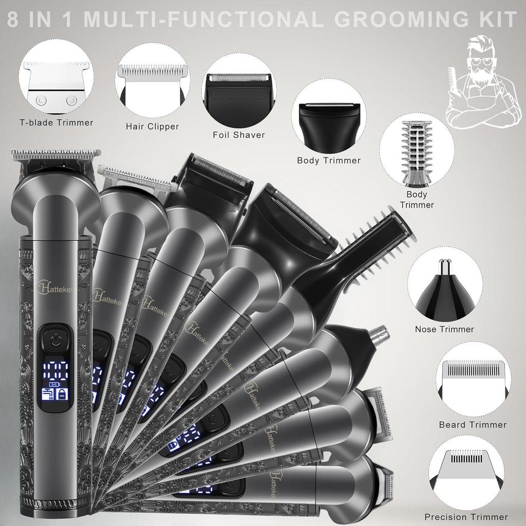 Hatteker 8-in-1 Hair Trimmer Set Multi-Function Men's Retro Hair Clipper Electric Shaver Nose