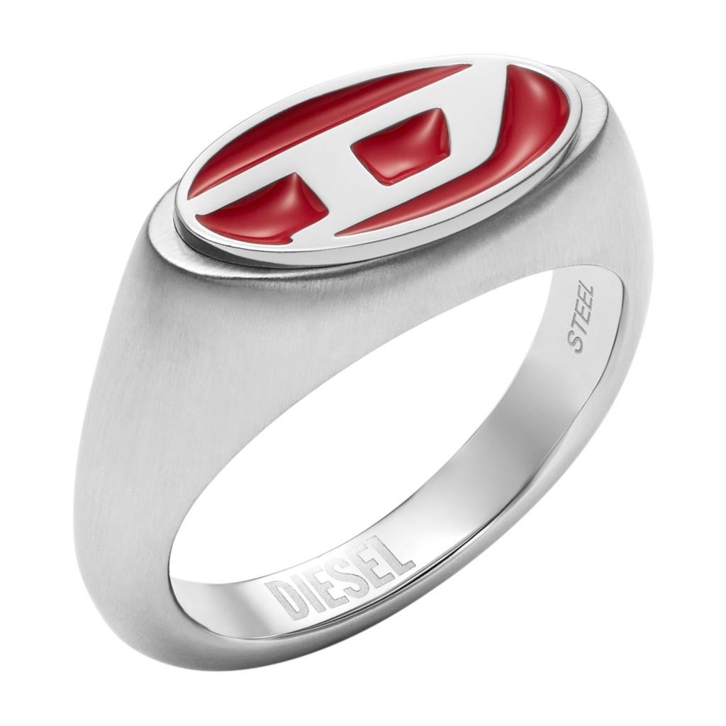 Diesel Men's Red Lacquer and Silver Stainless Steel Logo Signet Ring (Model: DX1444040), Size 10, Stainless Steel, No Jewels