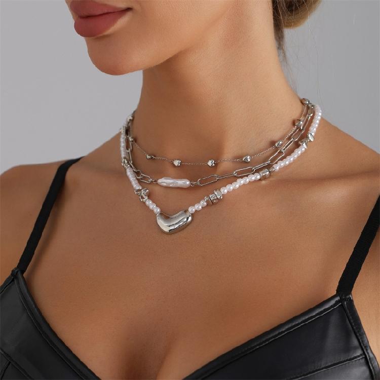 Unique Asymmetrical Heart Designs Faux Pearls Accent Necklace Alloy Material Lightweight Jewelry Gift For Her