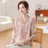 Fashion Printed Spring and Autumn Shawl Collar Women's Fashion Floral Checked Mid Sleeved Loose Chiffon Tops