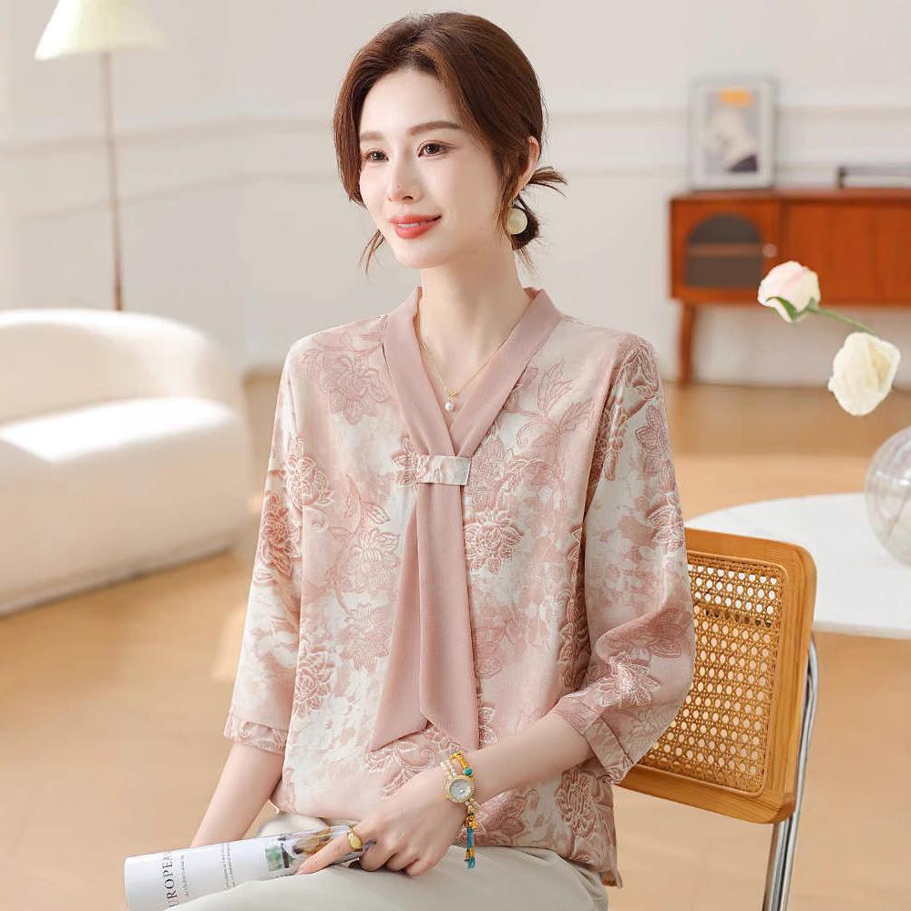 Fashion Printed Spring and Autumn Shawl Collar Women's Fashion Floral Checked Mid Sleeved Loose Chiffon Tops