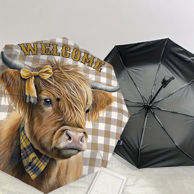 Highland Cow Plaid Checkered Welcome Sign with Bowtie - Auto Open Close Umbrella, Portable Tri-Fold Design, 8-Bone Iron Frame Outdoor Umbrel