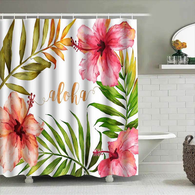 Hawaiian Shower Curtain Tropical Flowers Hibiscus Palm Leaves Beach Themed Decor Waterproof Bathroom Curtains Ocean Vibes Coasta