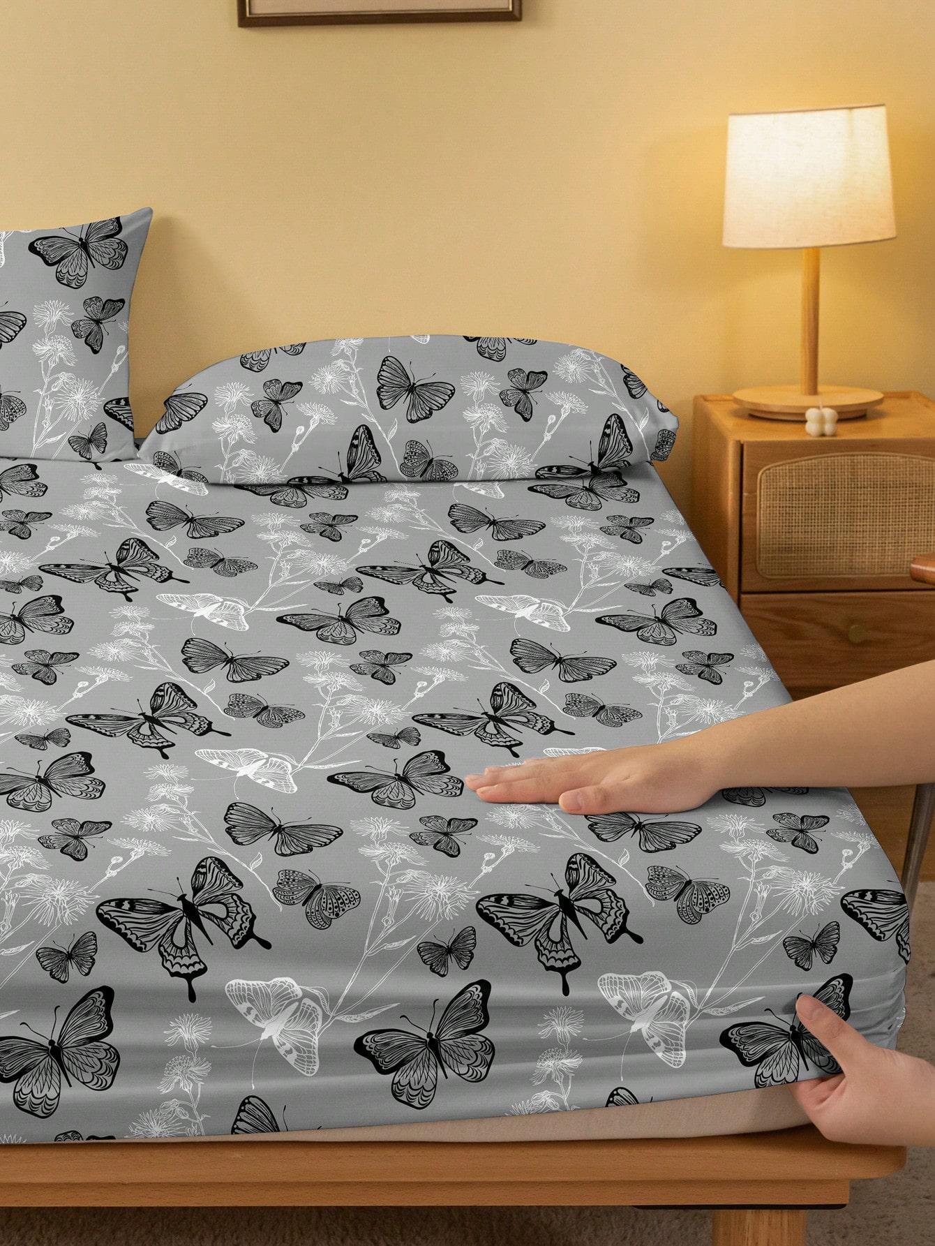 Black And White Butterfly Pattern Printed Fitted Sheet 3PCS Flat Sheet Set Minimalist Style Botanical Line Art Design Room Decor 137x190x25cm