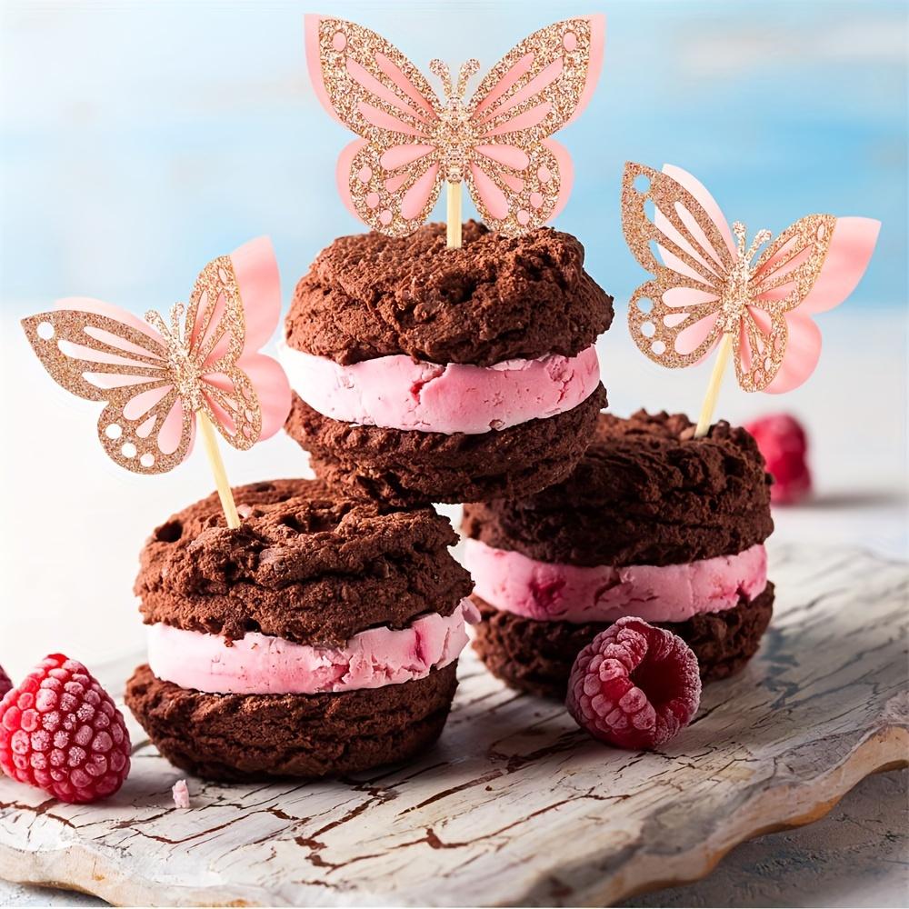 24 ks Motýlkových topperů na cupcake Sestavené Dvouvrstvé Toppery na cupcake 3D Třpytivé Toppery na cupcake Motýlkové Koktejlové párátka Dekorace