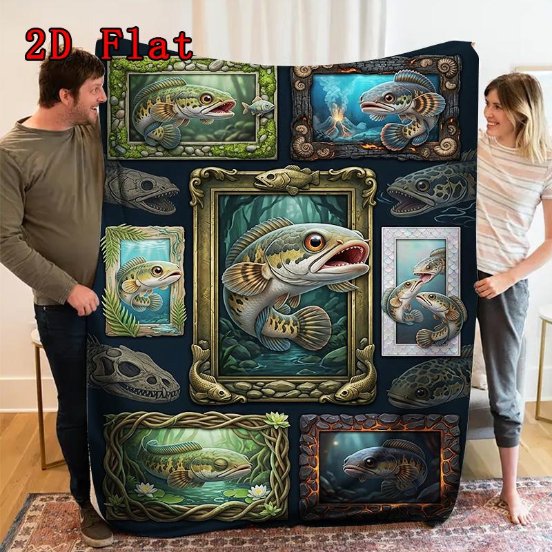 Prehistoric Fish Collage 2D Flat Pattern Flannel Blanket, High Quality All Seasons, Home Decor, Warmth and Comfort, Perfect for Christmas Gifts.