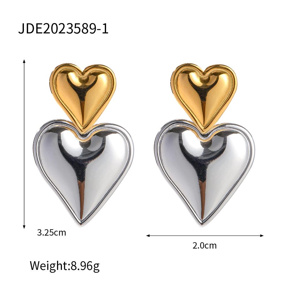 INS Style 18K Gold Stainless Steel Heart Earrings - Gold & Silver Two-Tone Women's Jewelry