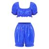 Womens Waterproof Vinyl Ruffled Pajamas Set Short Puff Sleeve Crop Top Bloomers Shorts